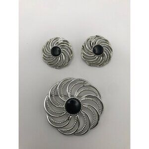 Vintage Sarah Coventry 1966 Mystic Swirl Siver Tone Brooch & Clip Earring Set
